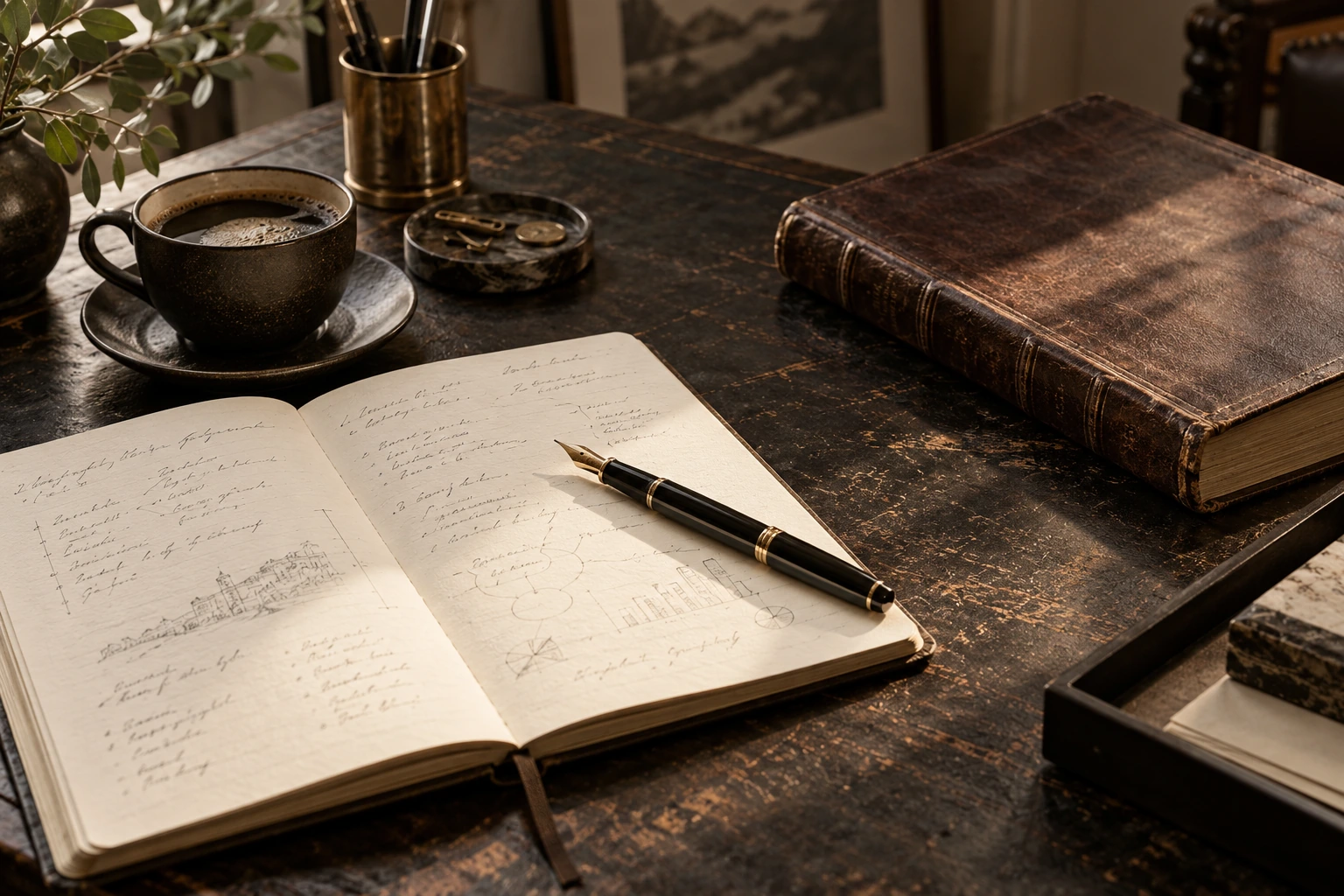 Pluma y cuaderno de planificación sobre un escritorio